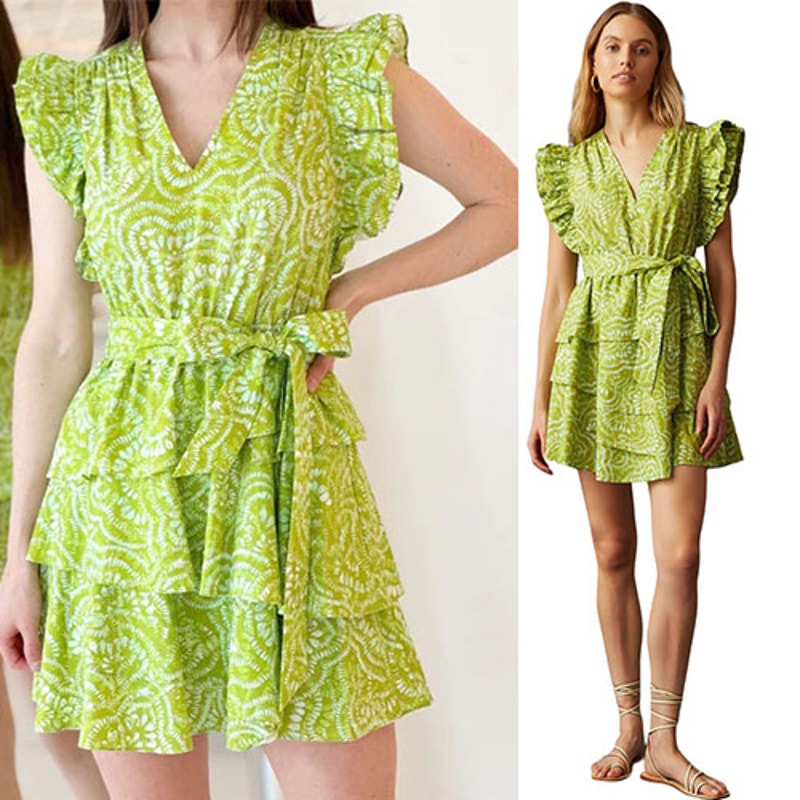 Nwt Marie Oliver V-Neck Tie Waist Tiered Fiona Mini Dress In Lime Burst Green